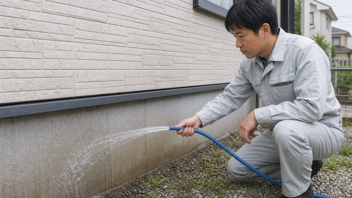 外壁に散水して調べる