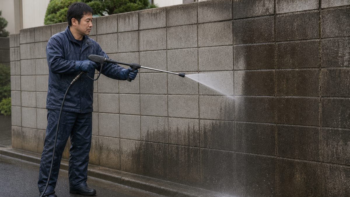 ブロック塀を洗浄する
