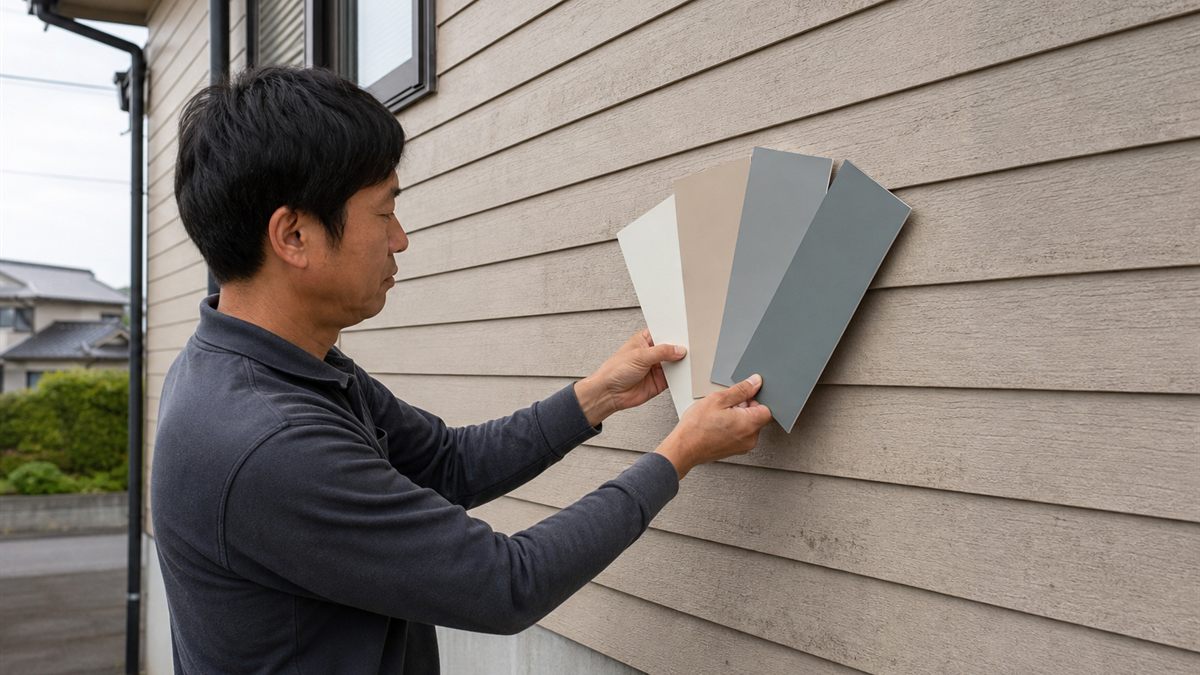 色見本の板を外壁に当てて確認する