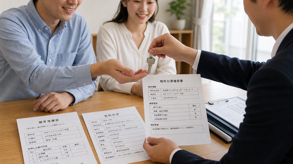 鍵と資料を手渡す場面