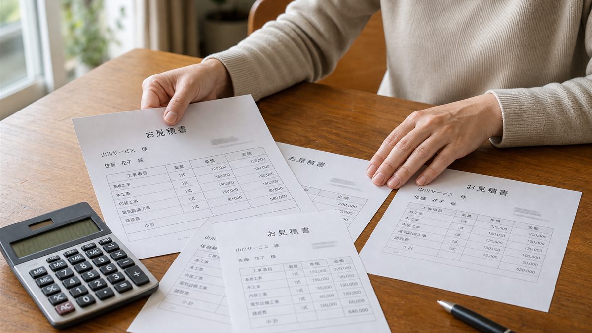 見積書を広げて検討する手元