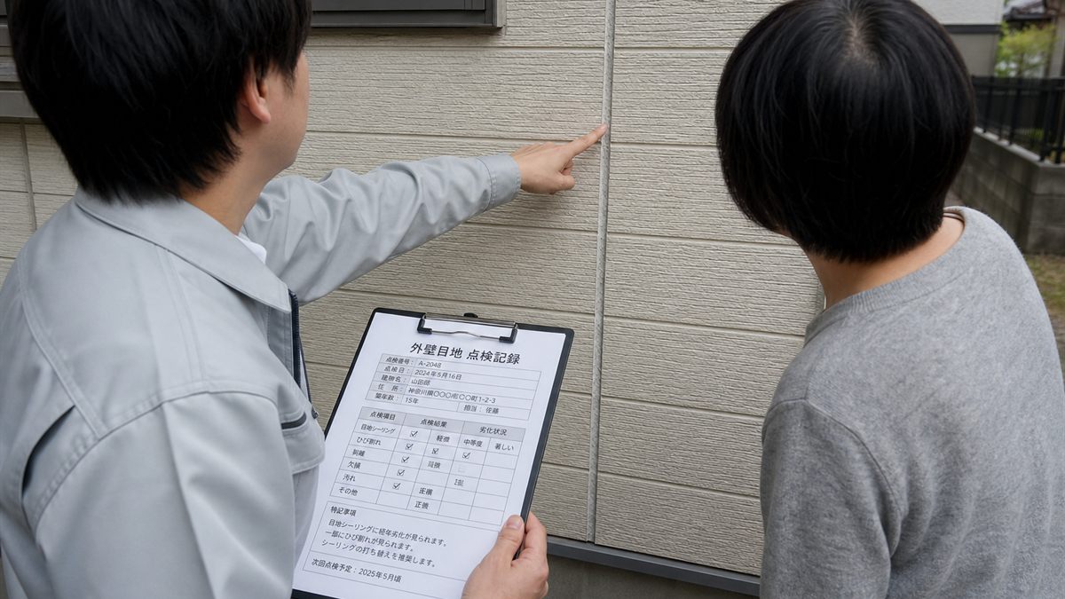 外壁の前で説明する作業員と住人
