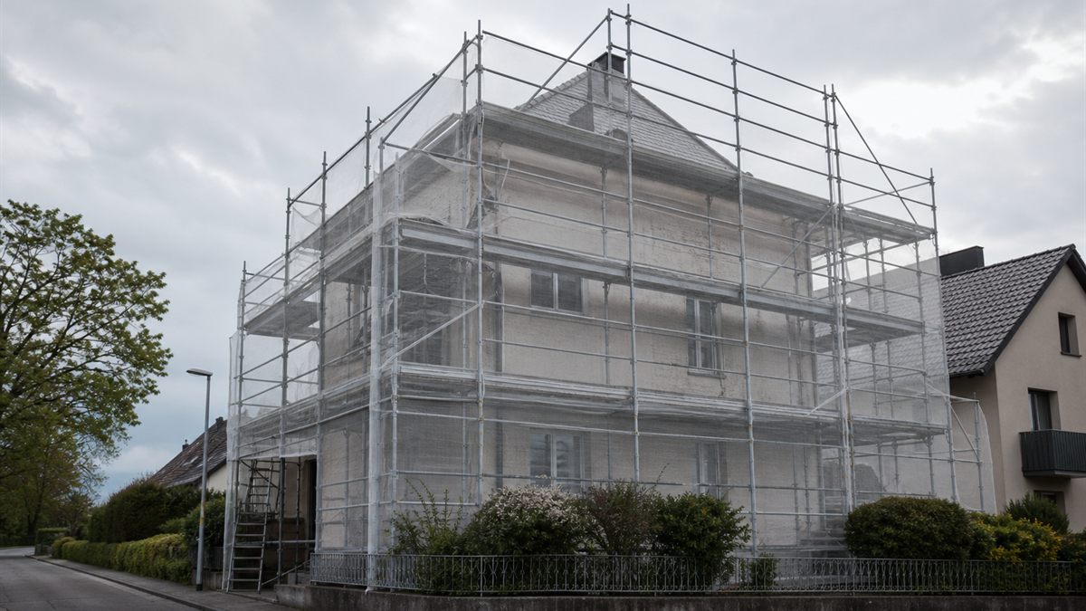 シートで覆われた工事中の住宅