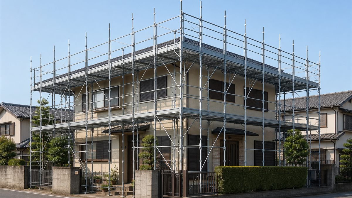 住宅を囲む本足場