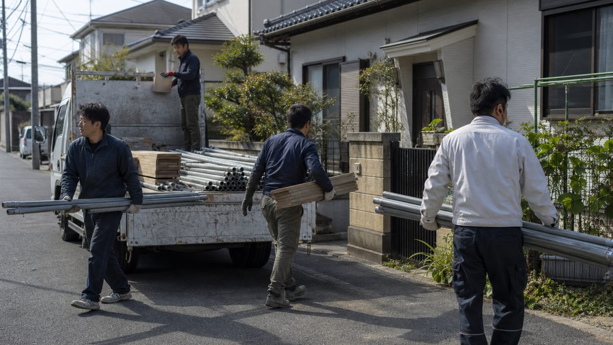 足場材を運ぶ作業員