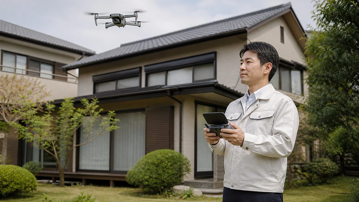住宅の脇でドローンを操作する調査員