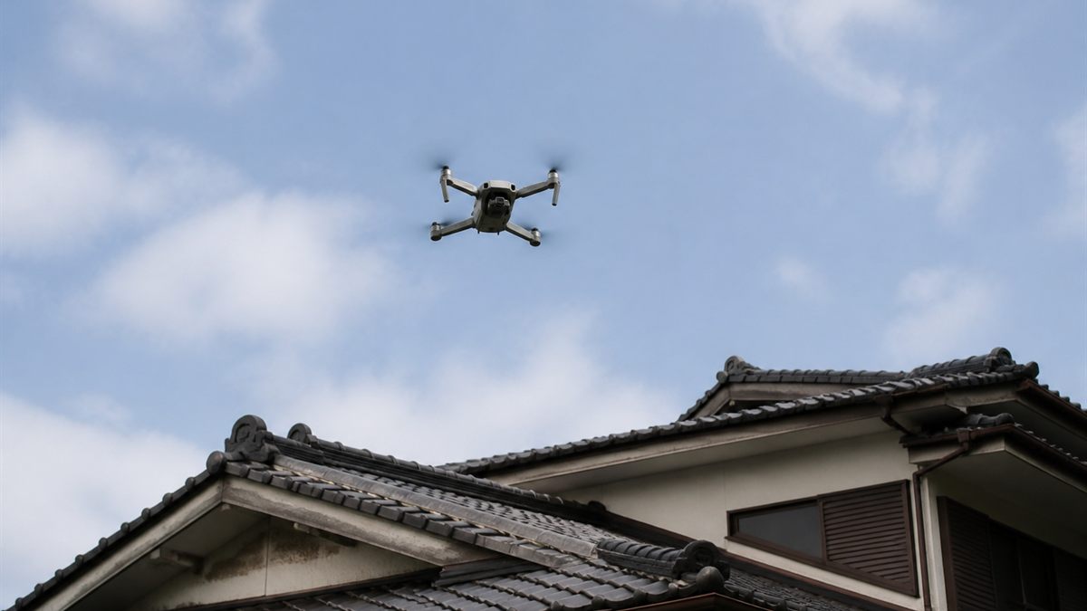 屋根の上を撮影する小型ドローン
