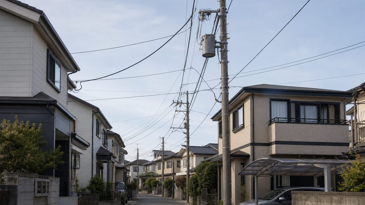 住宅街を通る電柱と電線