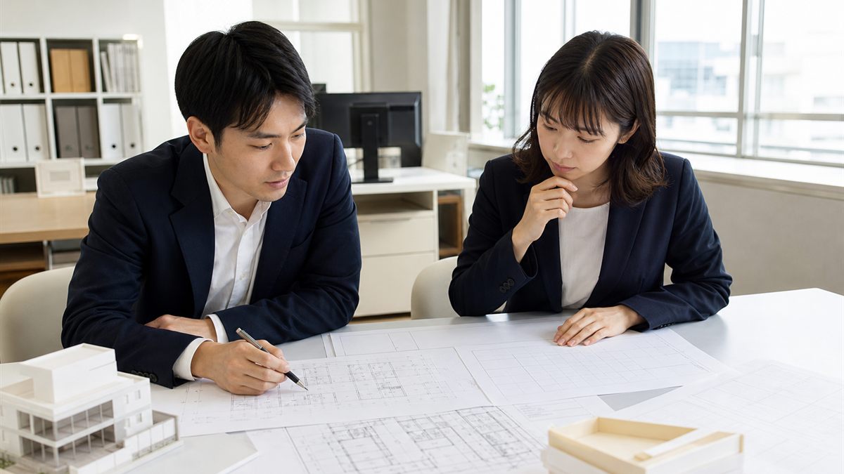 図面と申請書類を前にした打ち合わせ