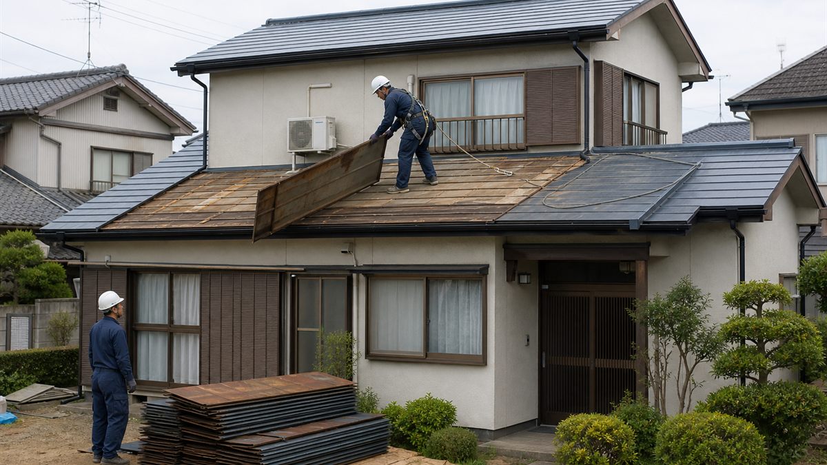 既存の屋根材を撤去する職人