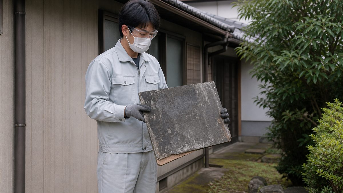 保護具を着けて古い屋根材を確かめる作業員