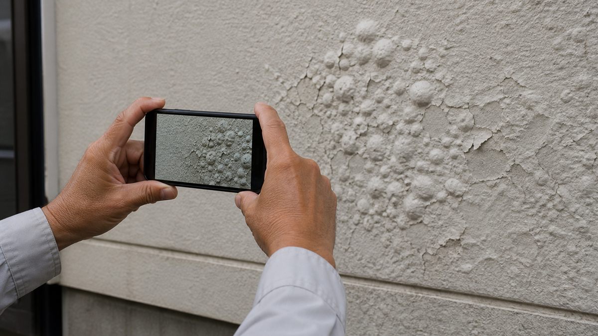 外壁の膨れをスマートフォンで記録する手元