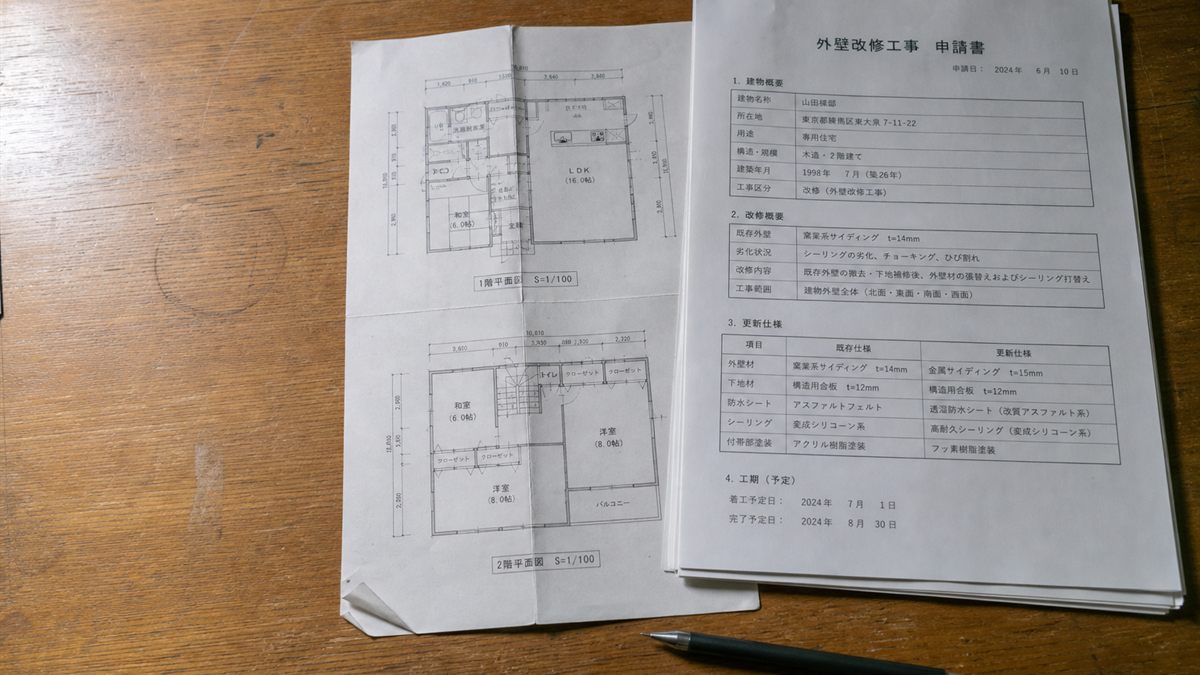 住宅の平面図と外壁改修工事の申請書類を机に広げた場面