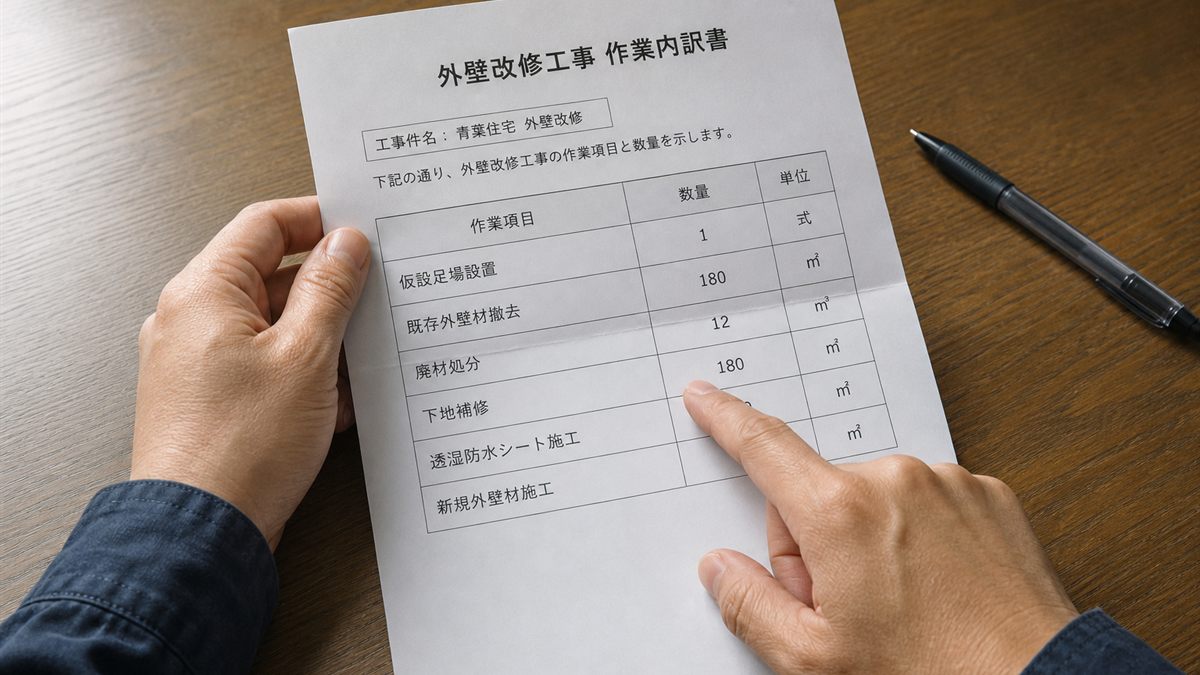 外壁改修工事の作業内訳書を広げて項目を指で追う手元