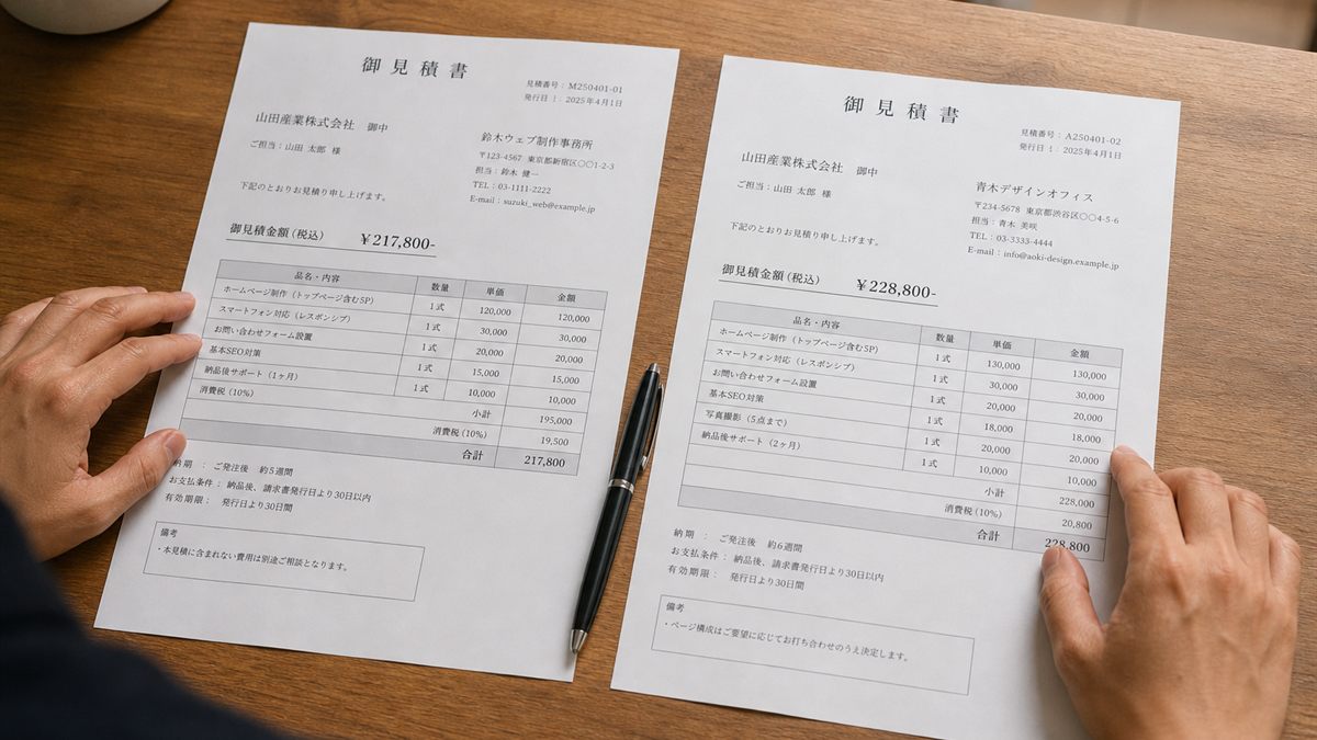 見積書を見比べる手元