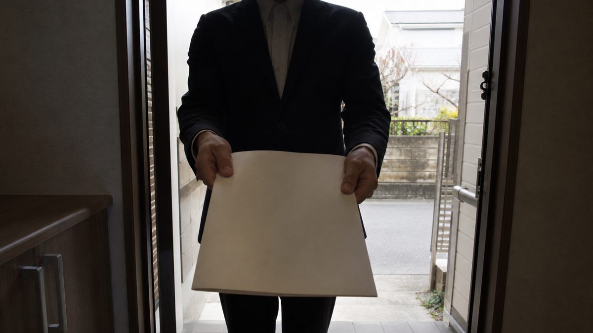 玄関先で書類を差し出す営業担当
