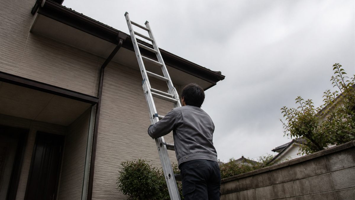 はしごを住宅の屋根にかける作業員