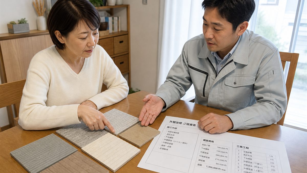 外壁材のサンプルを見比べる場面