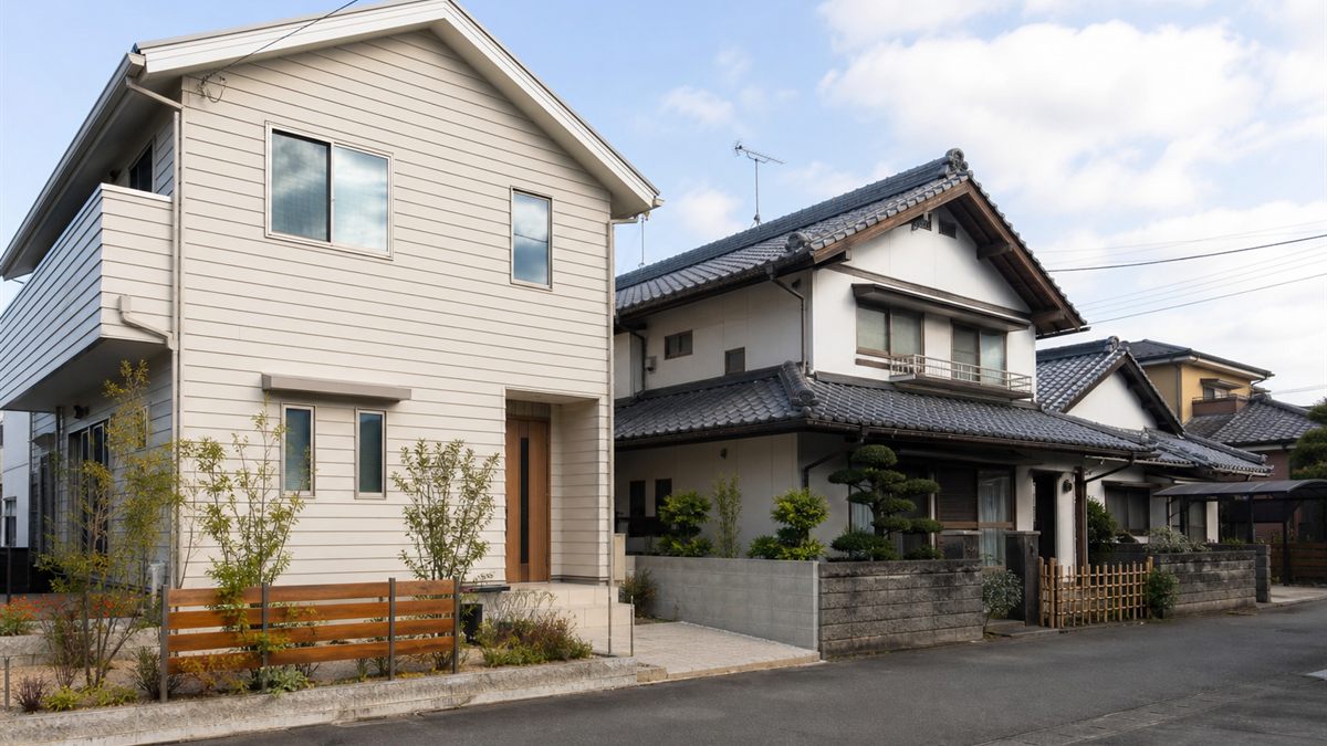 横張りの外壁と和瓦の屋根が並ぶ住宅地