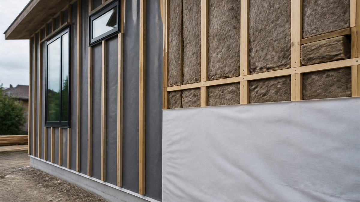 外壁の下地と断熱材が見える施工中の壁