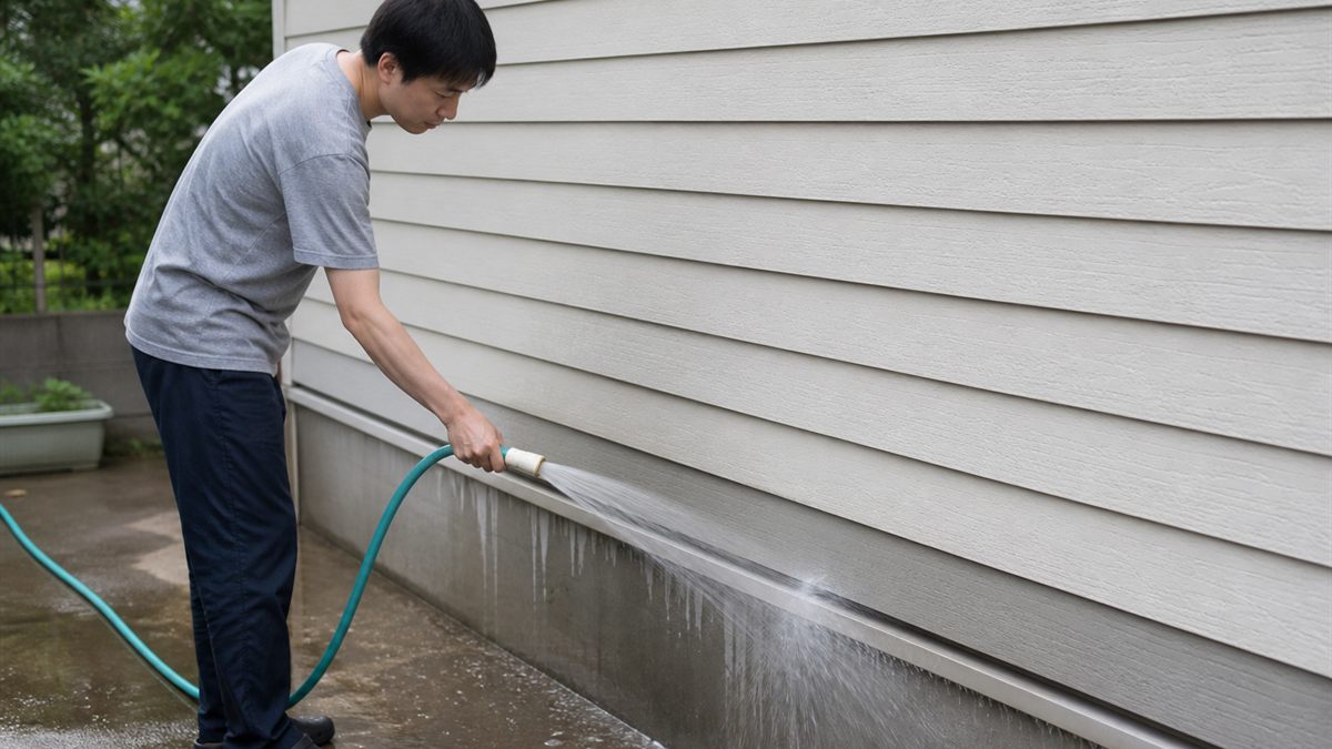 ホースで外壁を水洗いする住まい手