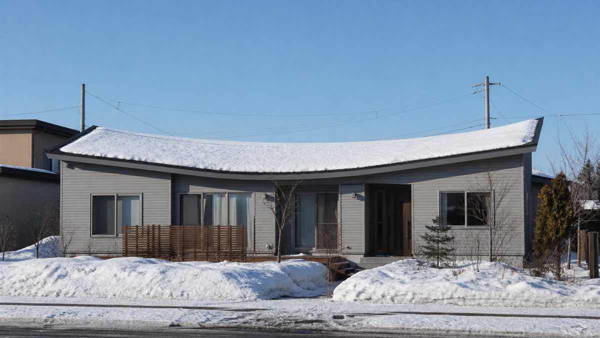 中央がくぼんだ無落雪屋根の住宅