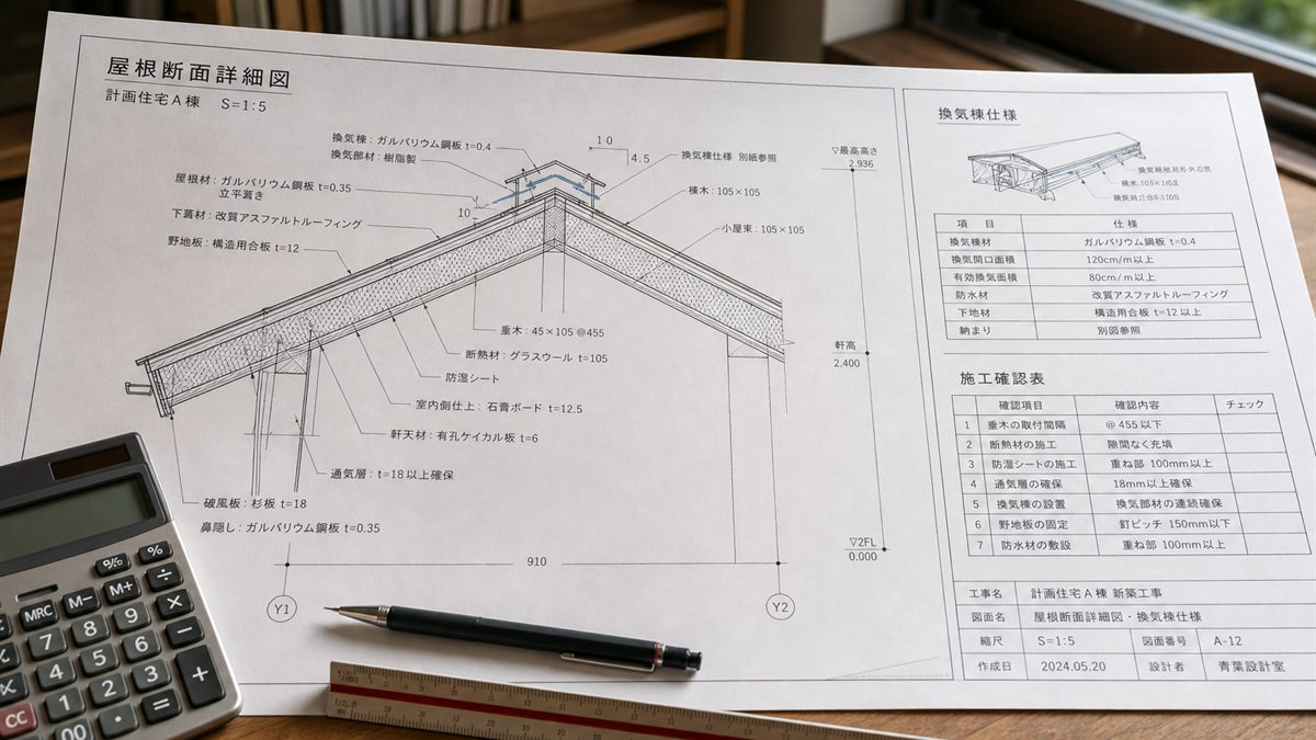 住宅の断面図と電卓を広げた机