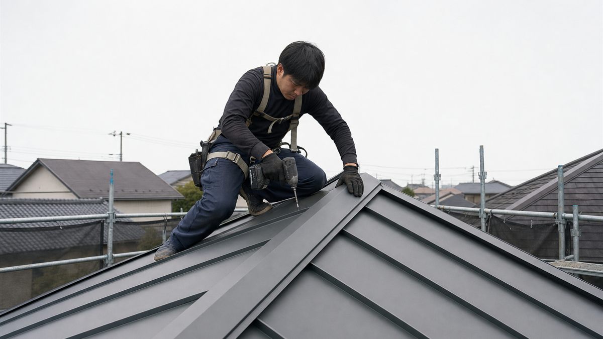 屋根の上で板金の取り付けを行う職人