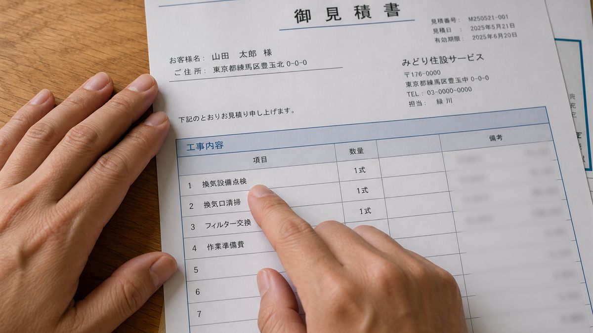 見積書の項目を指で追う手元