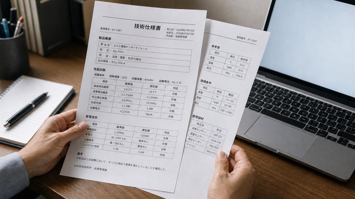 仕様書を確認する手元