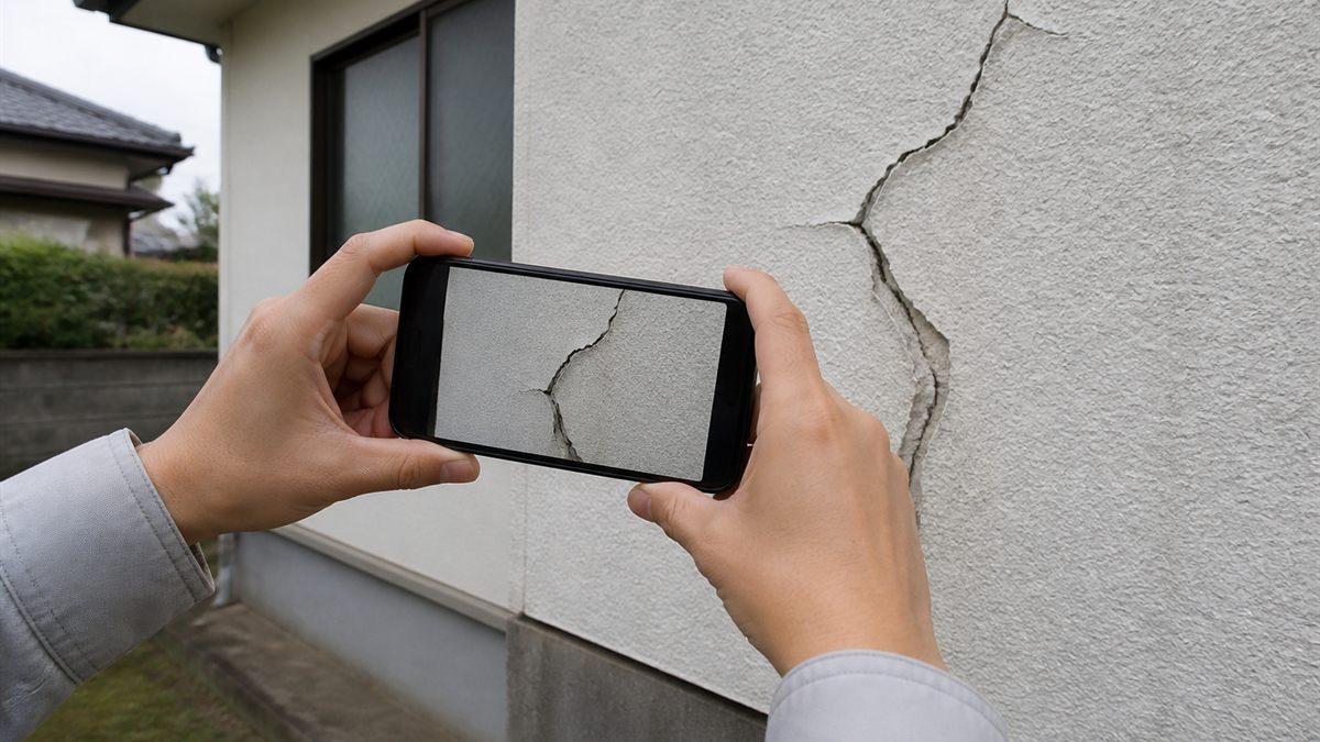 被害箇所をスマートフォンで撮影する手元