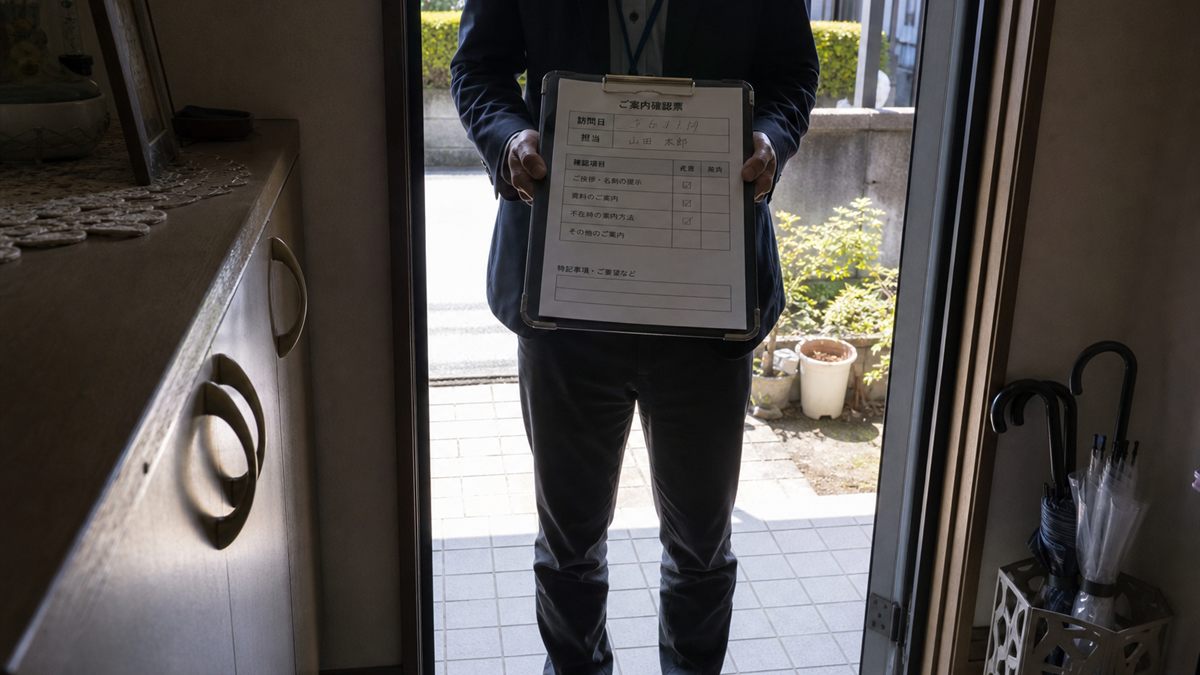 玄関先で勧誘する営業担当と応対する住人