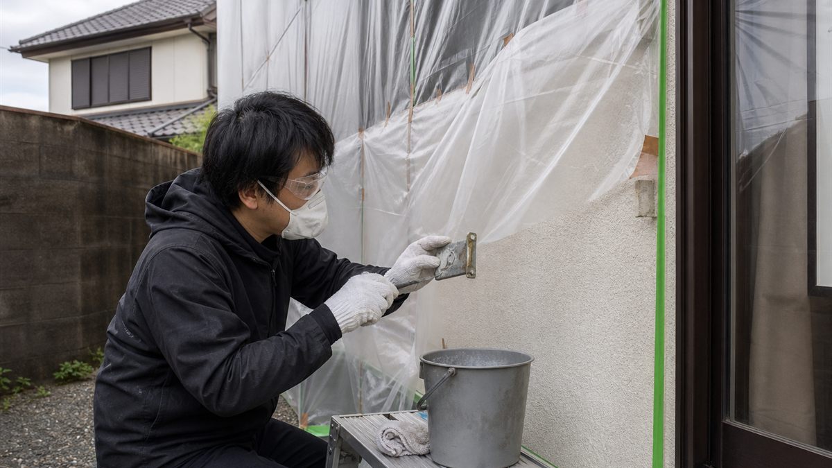 養生シートで囲った作業と保護具