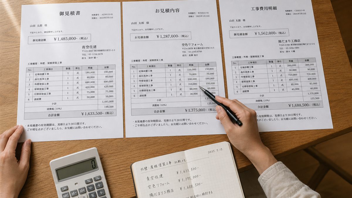 3社の見積書のケレンの行を見比べる