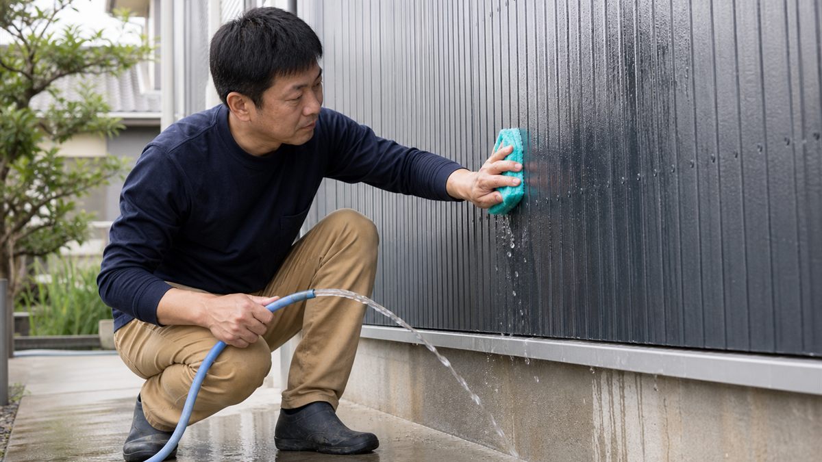 外壁を柔らかいスポンジで洗う