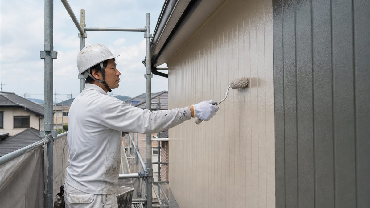 足場の上での外壁塗装作業