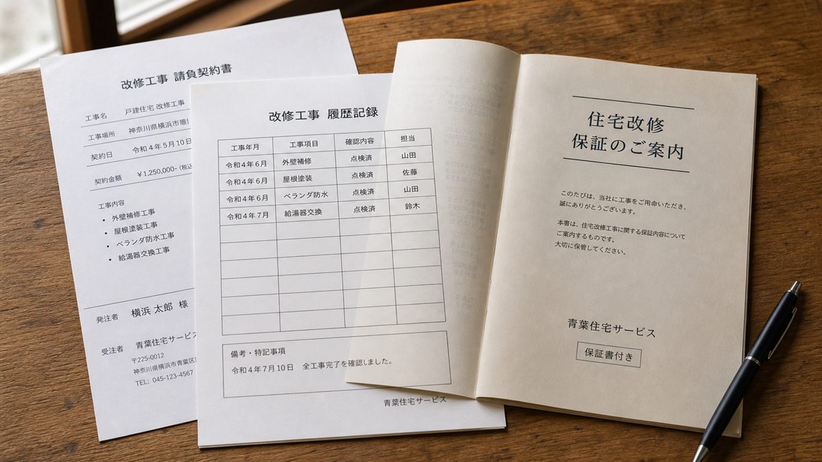 前回の工事記録と保証書を確かめているところ