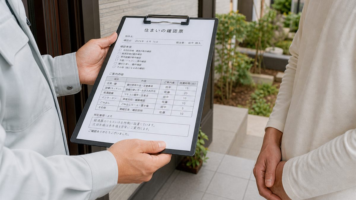 玄関先で説明を受ける場面