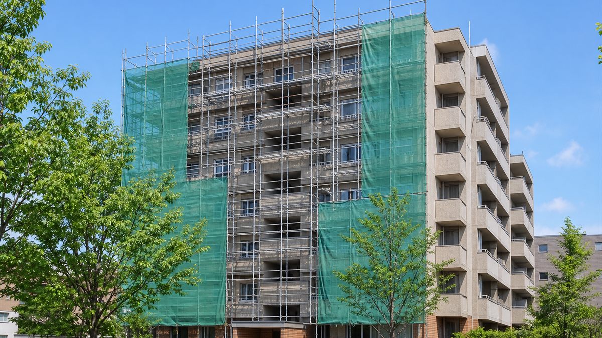 初夏に足場が組まれたマンション