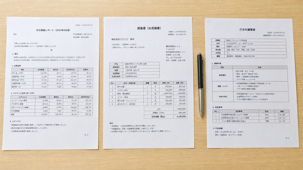 並べて比較する3通の書類