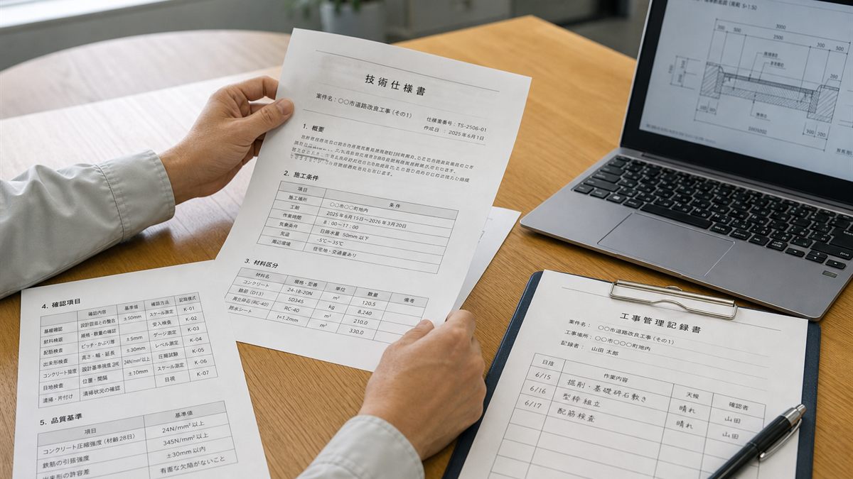 改修の仕様書と現場写真を机の上で確認する