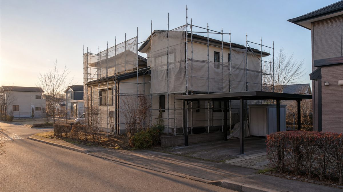 晩秋の北海道の住宅街と足場のかかった家