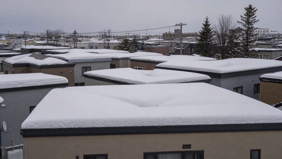 雪が載ったままの平らな屋根