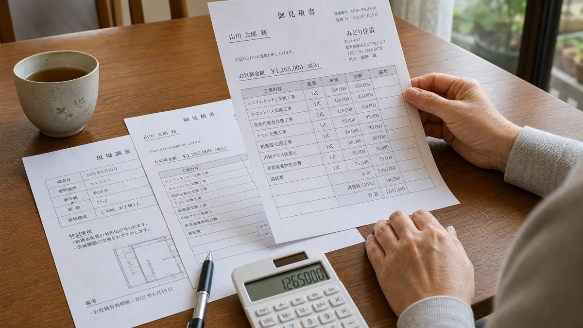 見積書と電卓を前に検討する手元