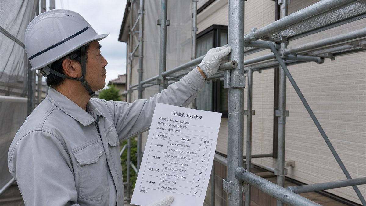 足場を点検する作業員