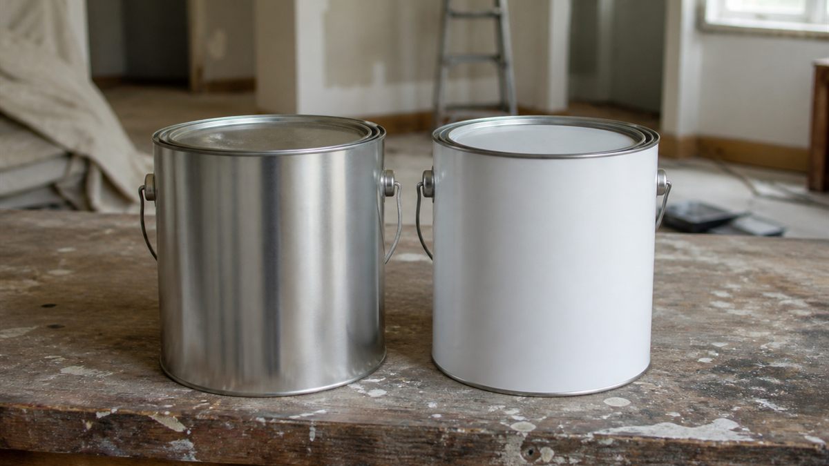 水性塗料と溶剤形塗料の缶が並ぶ