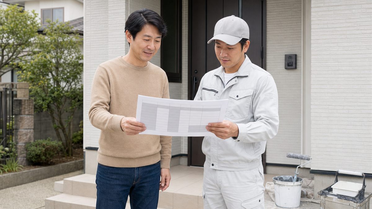 工程表を確認する住まい手と職人
