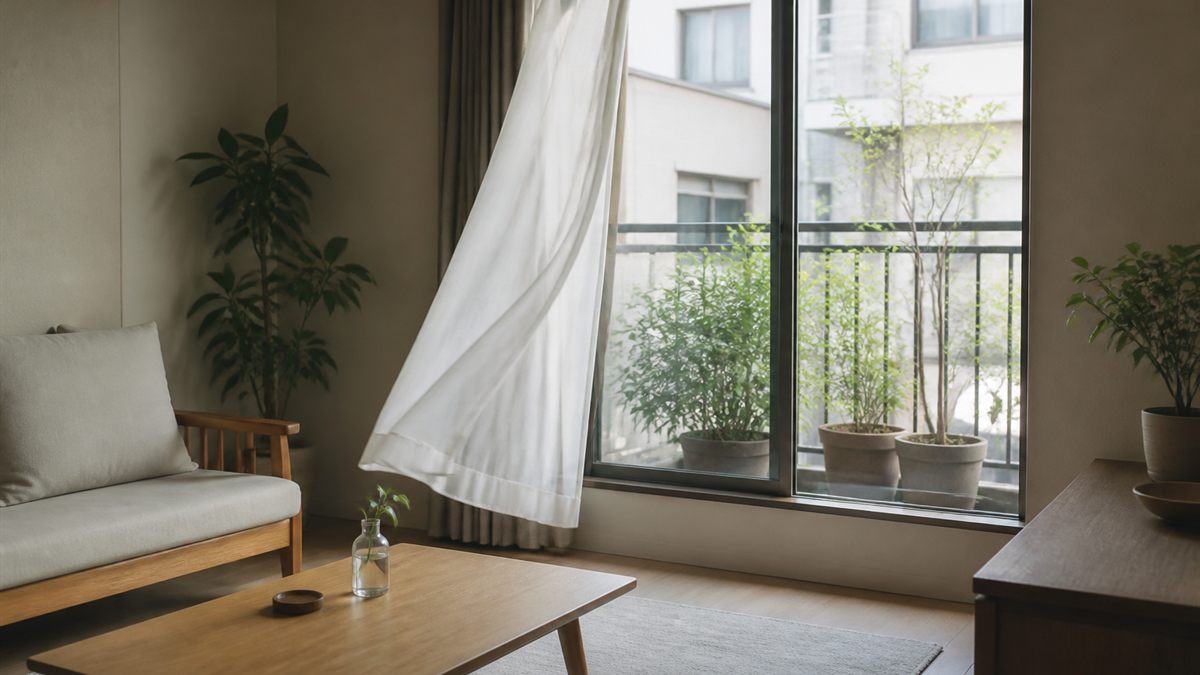 窓を開けて換気する室内