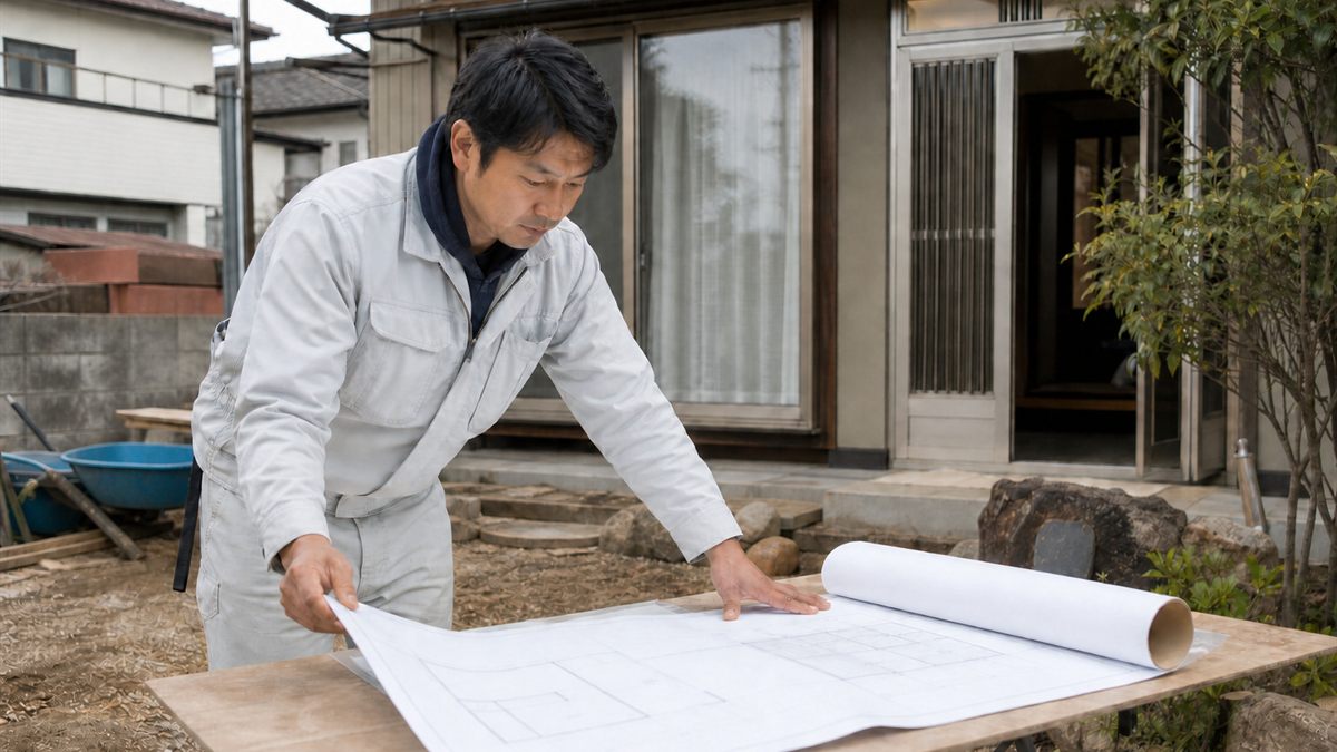 設計図書を確認する調査者