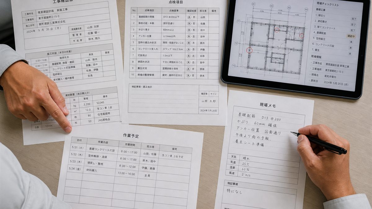 工事の書類を確認する手元